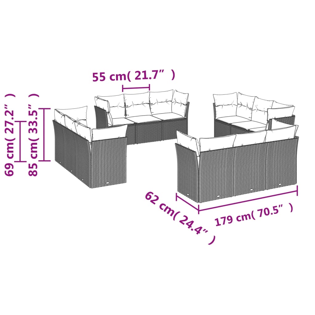 Set canapele de grădină cu perne, 12 piese, bej, poliratan