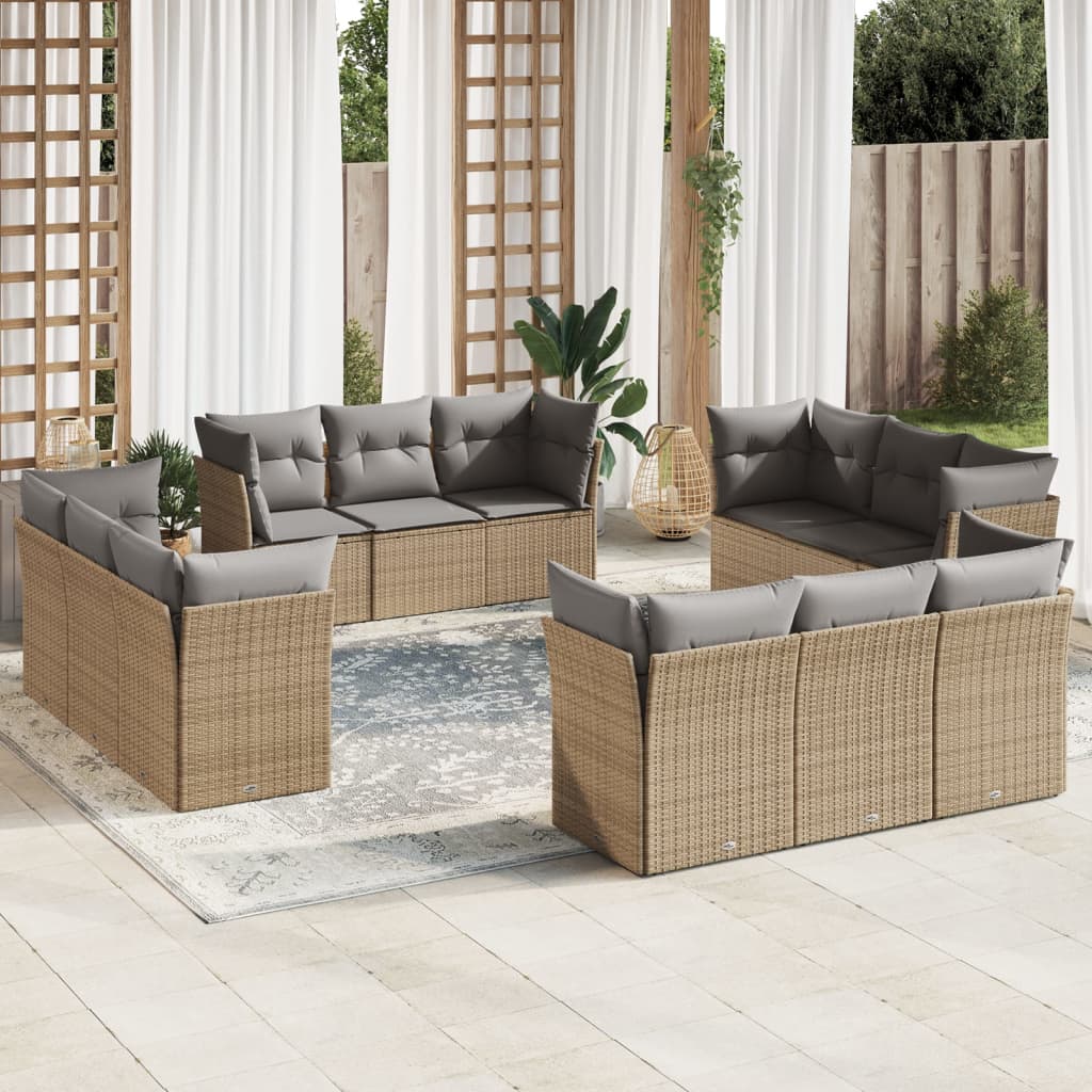 vidaXL 12-tlg. Garten-Sofagarnitur mit Kissen Beige Poly Rattan