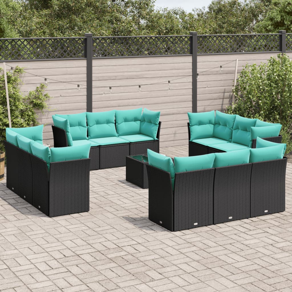 vidaXL 13-tlg. Garten-Sofagarnitur mit Kissen Schwarz Poly Rattan