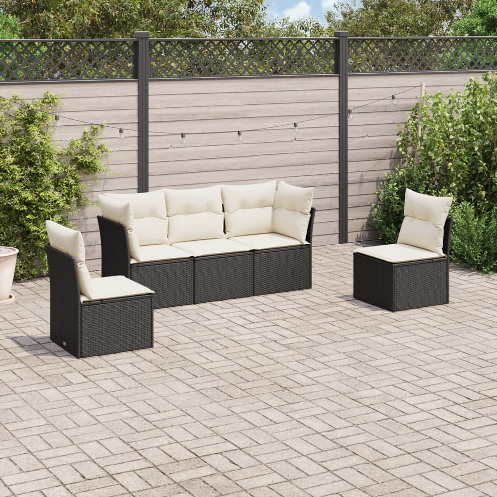 vidaXL 5-tlg. Garten-Sofagarnitur mit Kissen Schwarz Poly Rattan