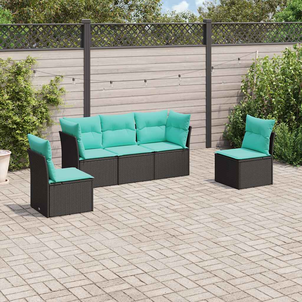vidaXL 5-tlg. Garten-Sofagarnitur mit Kissen Schwarz Poly Rattan