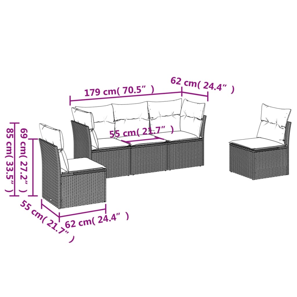 vidaXL 5-delige Loungeset met kussens poly rattan bruin afbeelding