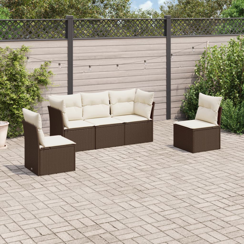 vidaXL 5-tlg. Garten-Sofagarnitur mit Kissen Braun Poly Rattan