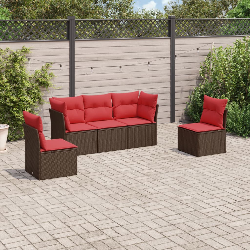 5 Piece Patio Sofa Set with Cushions Brown Poly Rattan