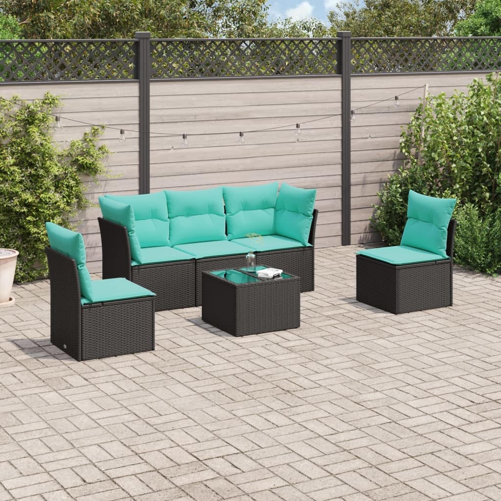 vidaXL 6-tlg. Garten-Sofagarnitur mit Kissen Schwarz Poly Rattan