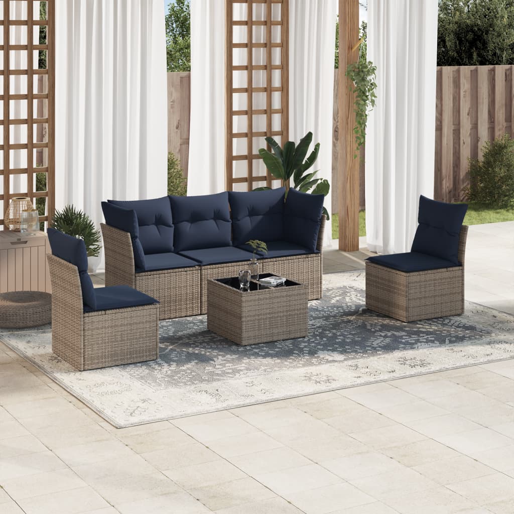 6 Piece Patio Sofa Set with Cushions Gray Poly Rattan