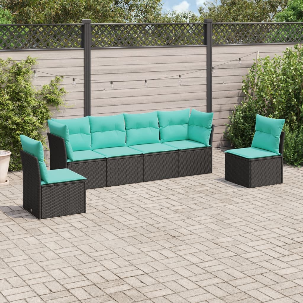 vidaXL 6-tlg. Garten-Sofagarnitur mit Kissen Schwarz Poly Rattan