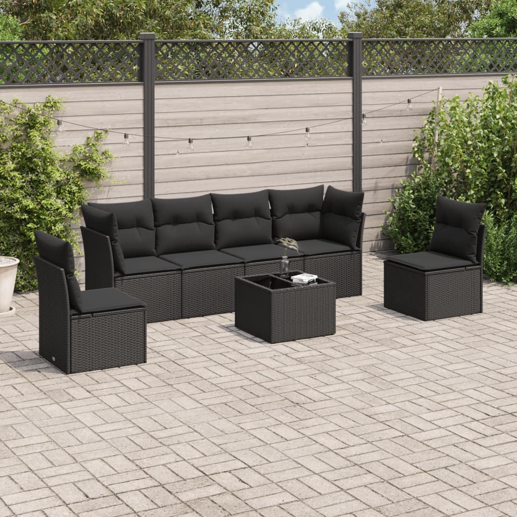 vidaXL 7-tlg. Garten-Sofagarnitur mit Kissen Schwarz Poly Rattan