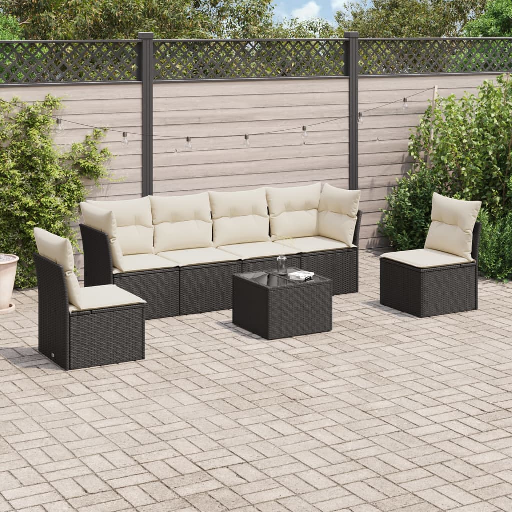 vidaXL 7-tlg. Garten-Sofagarnitur mit Kissen Schwarz Poly Rattan