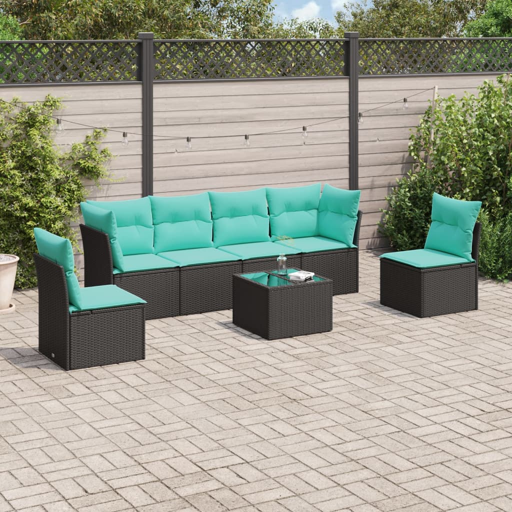 vidaXL 7-tlg. Garten-Sofagarnitur mit Kissen Schwarz Poly Rattan