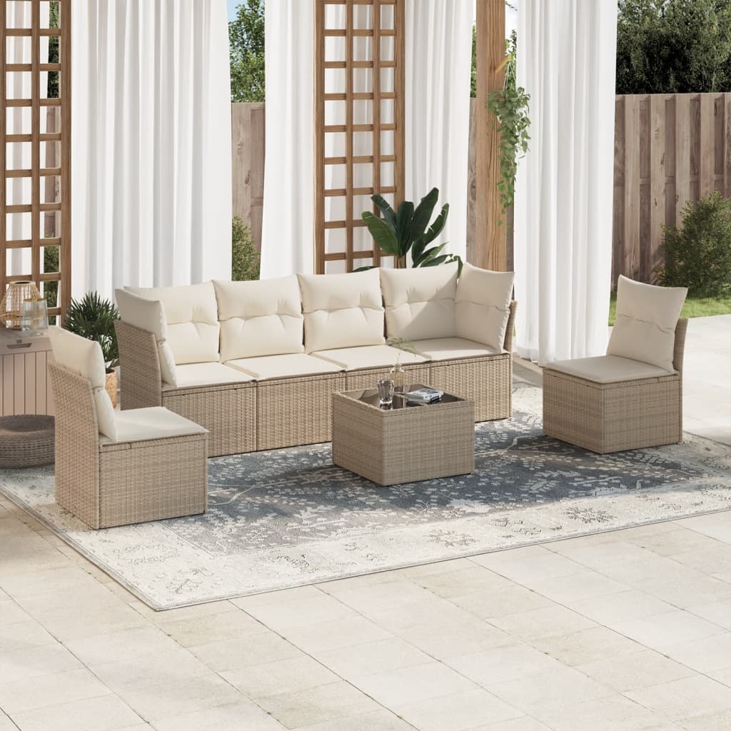 vidaXL 7-tlg. Garten-Sofagarnitur mit Kissen Beige Poly Rattan