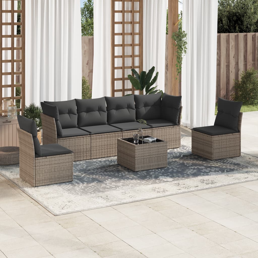 vidaXL 7-tlg. Garten-Sofagarnitur mit Kissen Grau Poly Rattan