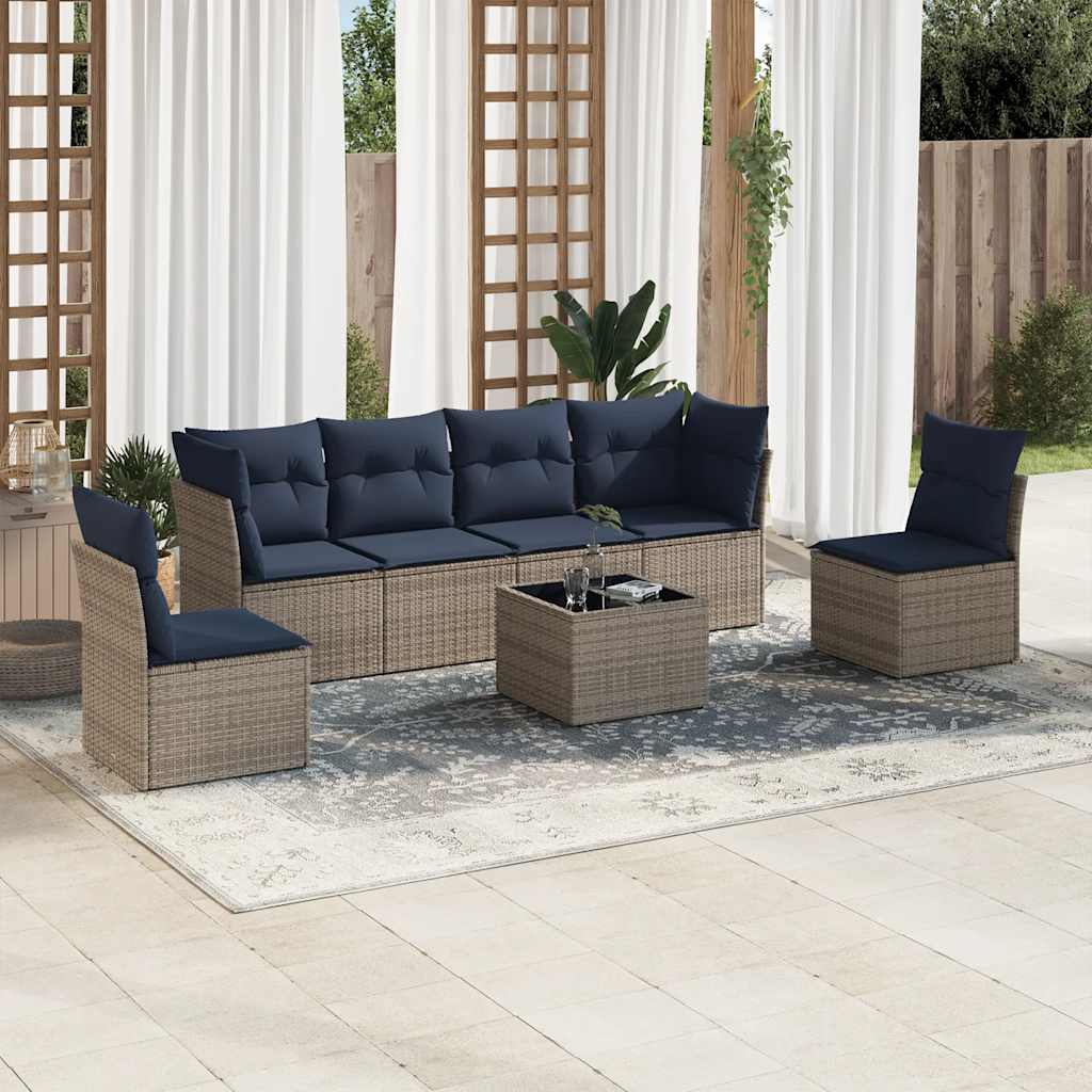 vidaXL 7-tlg. Garten-Sofagarnitur mit Kissen Grau Poly Rattan