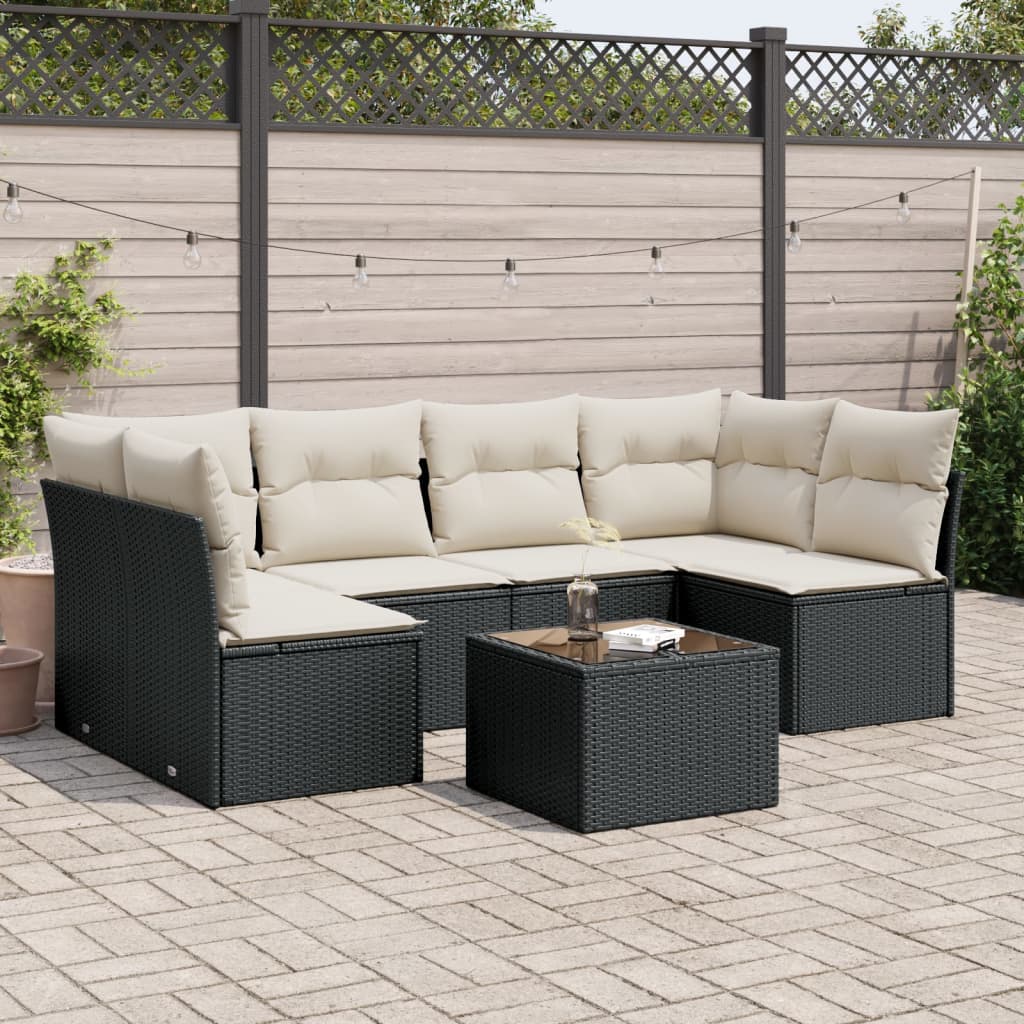 vidaXL 7-tlg. Garten-Sofagarnitur mit Kissen Schwarz Poly Rattan