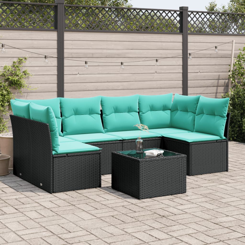 vidaXL 7-tlg. Garten-Sofagarnitur mit Kissen Schwarz Poly Rattan