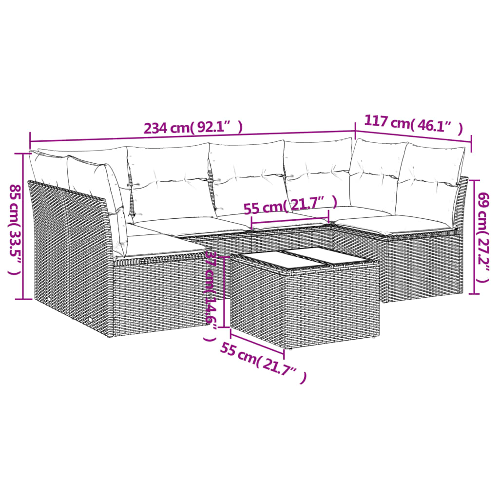 vidaXL 7-delige Loungeset met kussens poly rattan beige