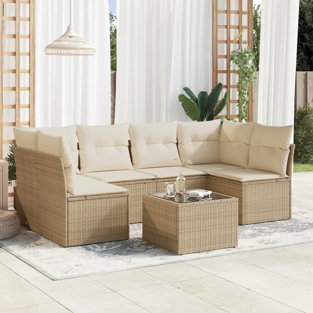 vidaXL 7-tlg. Garten-Sofagarnitur mit Kissen Beige Poly Rattan