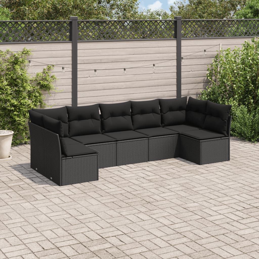 vidaXL 7-tlg. Garten-Sofagarnitur mit Kissen Schwarz Poly Rattan