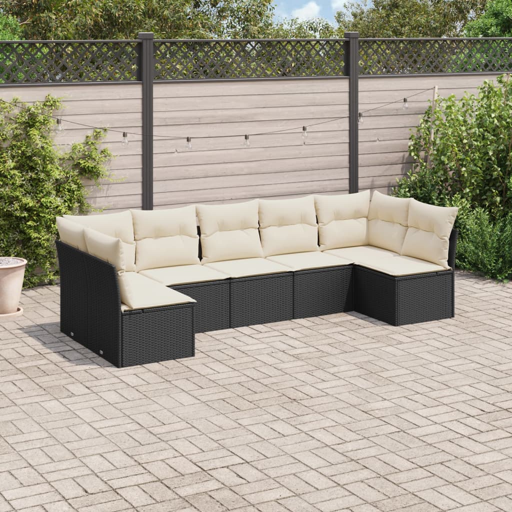 vidaXL 7-tlg. Garten-Sofagarnitur mit Kissen Schwarz Poly Rattan