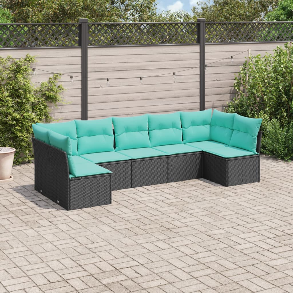 vidaXL 7-tlg. Garten-Sofagarnitur mit Kissen Schwarz Poly Rattan