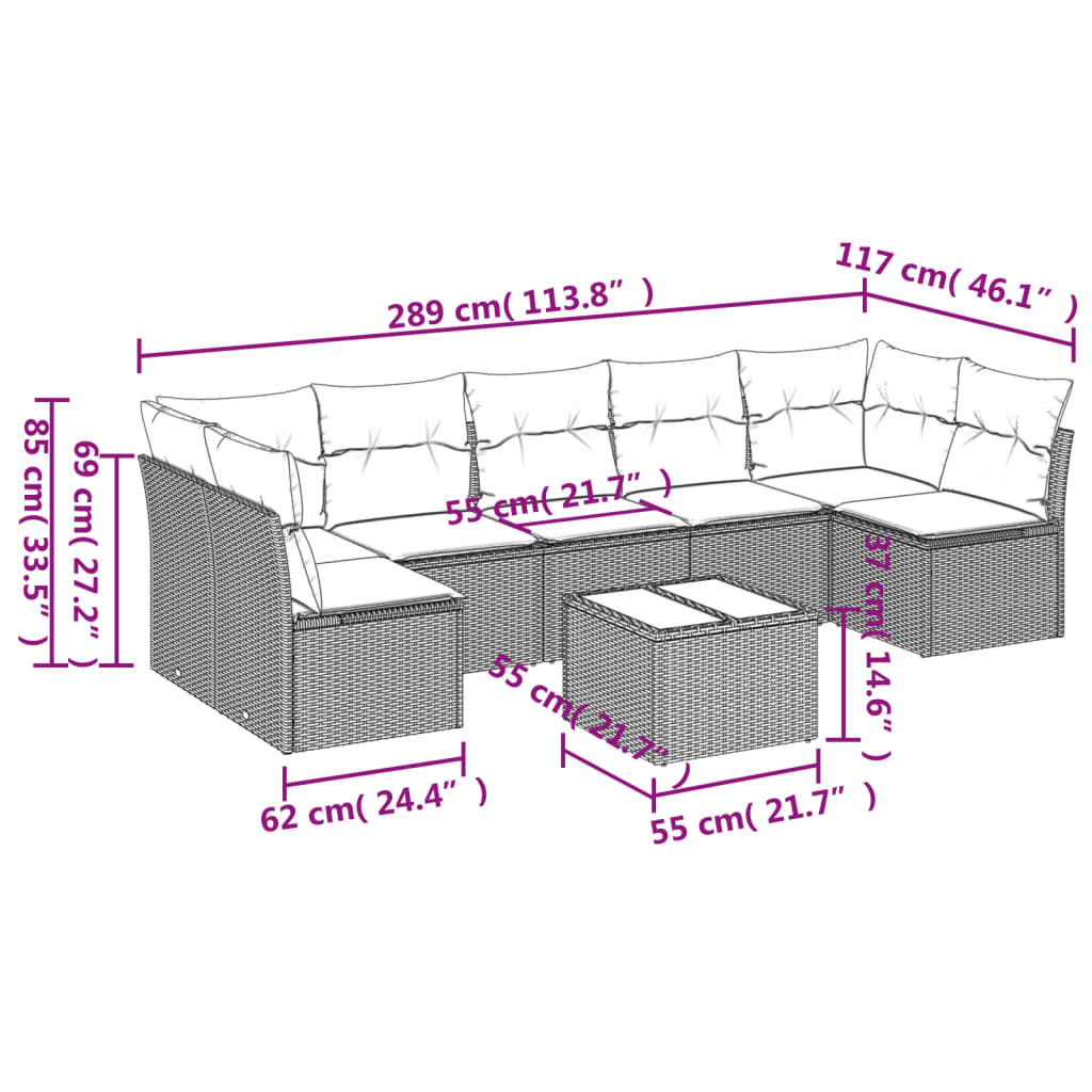 vidaXL 8-delige Loungeset met kussens poly rattan zwart afbeelding