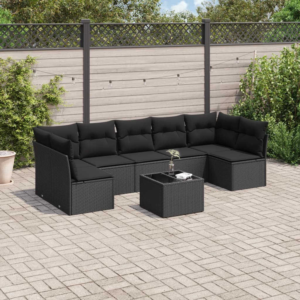 vidaXL 8-tlg. Garten-Sofagarnitur mit Kissen Schwarz Poly Rattan