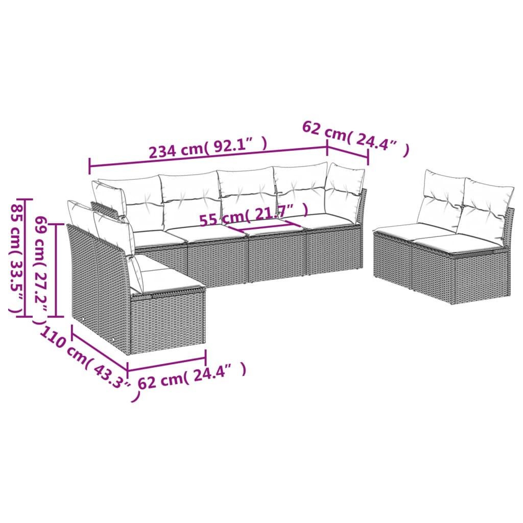 vidaXL 8-delige Loungeset met kussens poly rattan grijs afbeelding