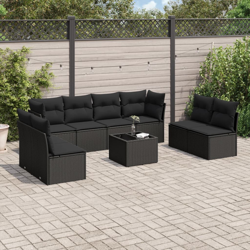 vidaXL 9-tlg. Garten-Sofagarnitur mit Kissen Schwarz Poly Rattan