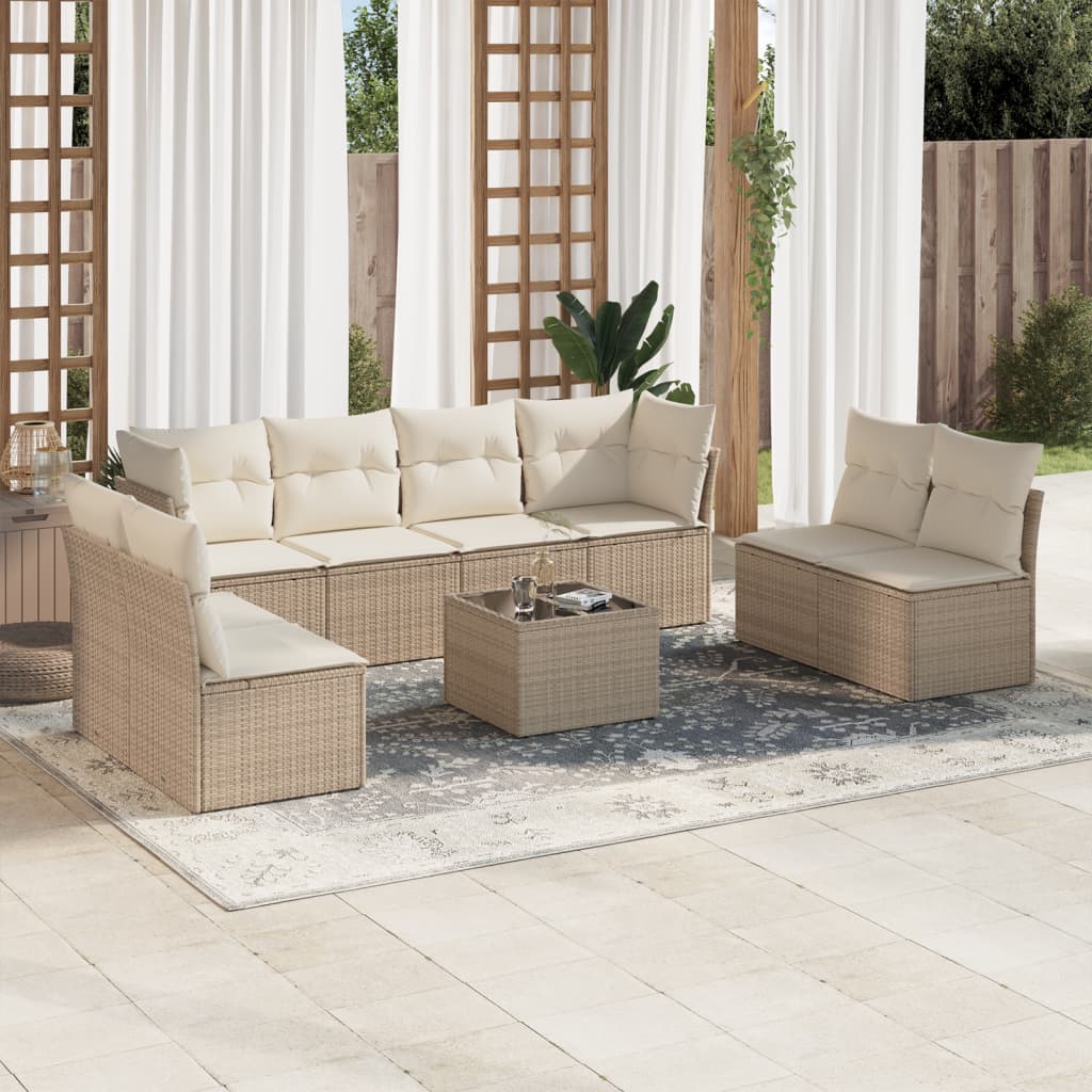 vidaXL 9-tlg. Garten-Sofagarnitur mit Kissen Beige Poly Rattan