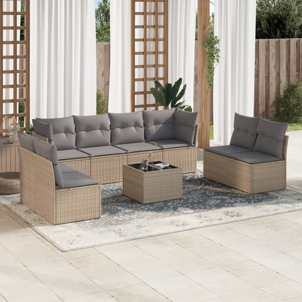 vidaXL 9-tlg. Garten-Sofagarnitur mit Kissen Beige Poly Rattan