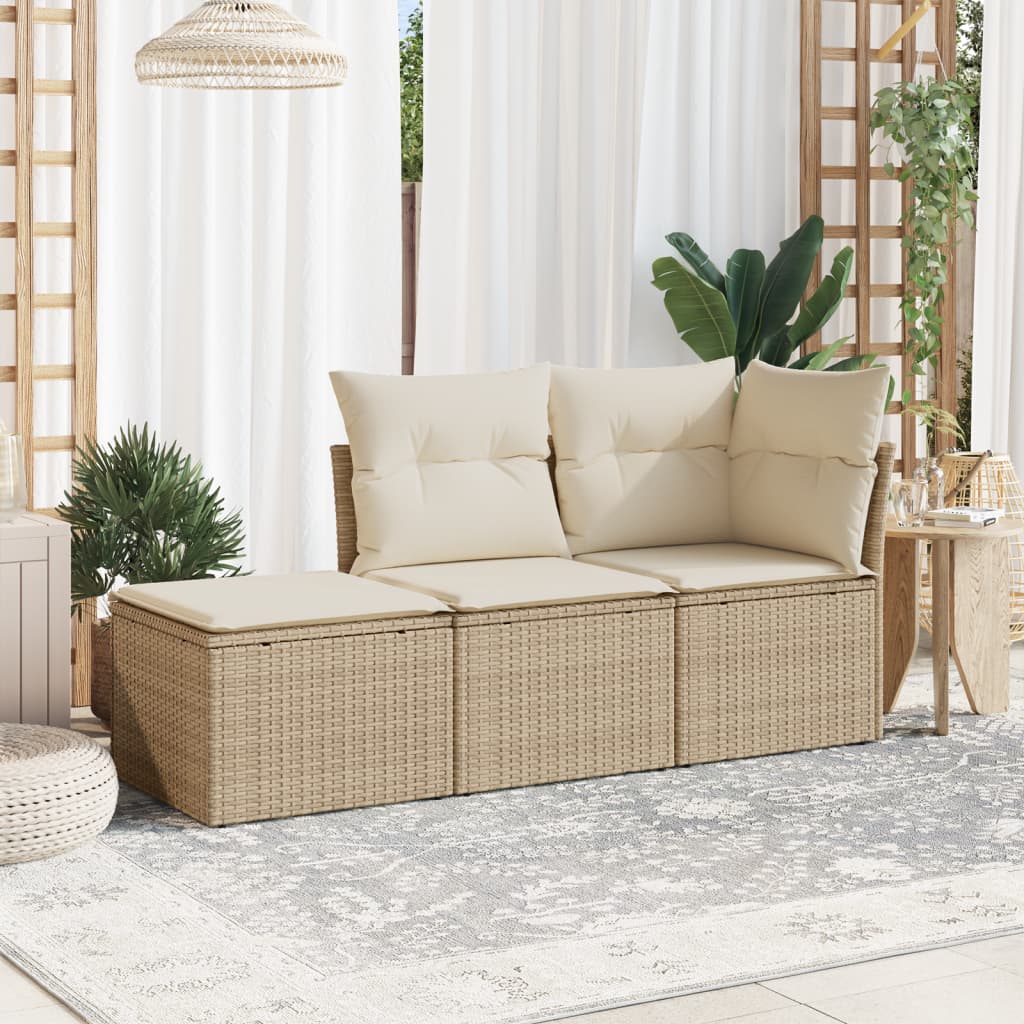 3-tlg. Garten-Sofagarnitur mit Kissen Beige Poly Rattan