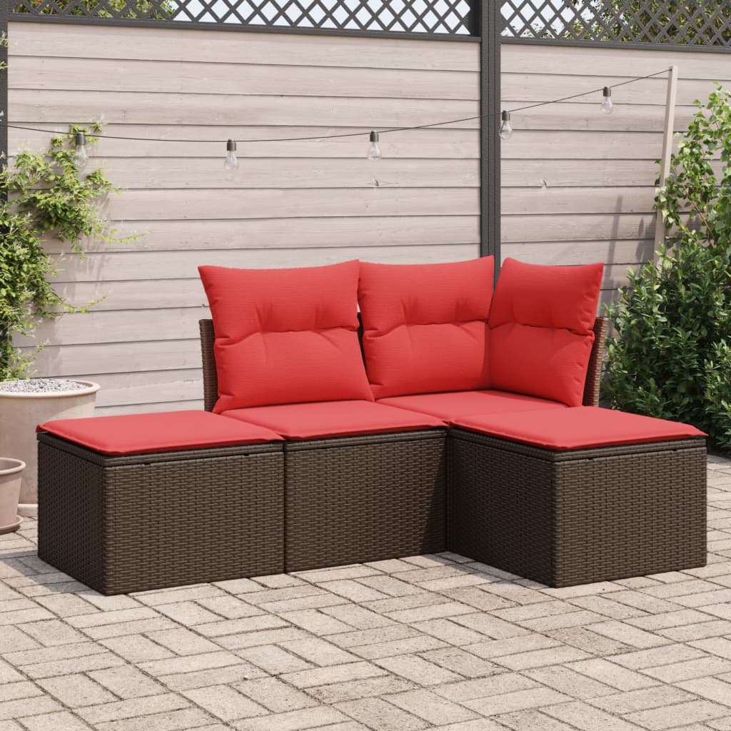 4 Piece Patio Sofa Set with Cushions Brown Poly Rattan