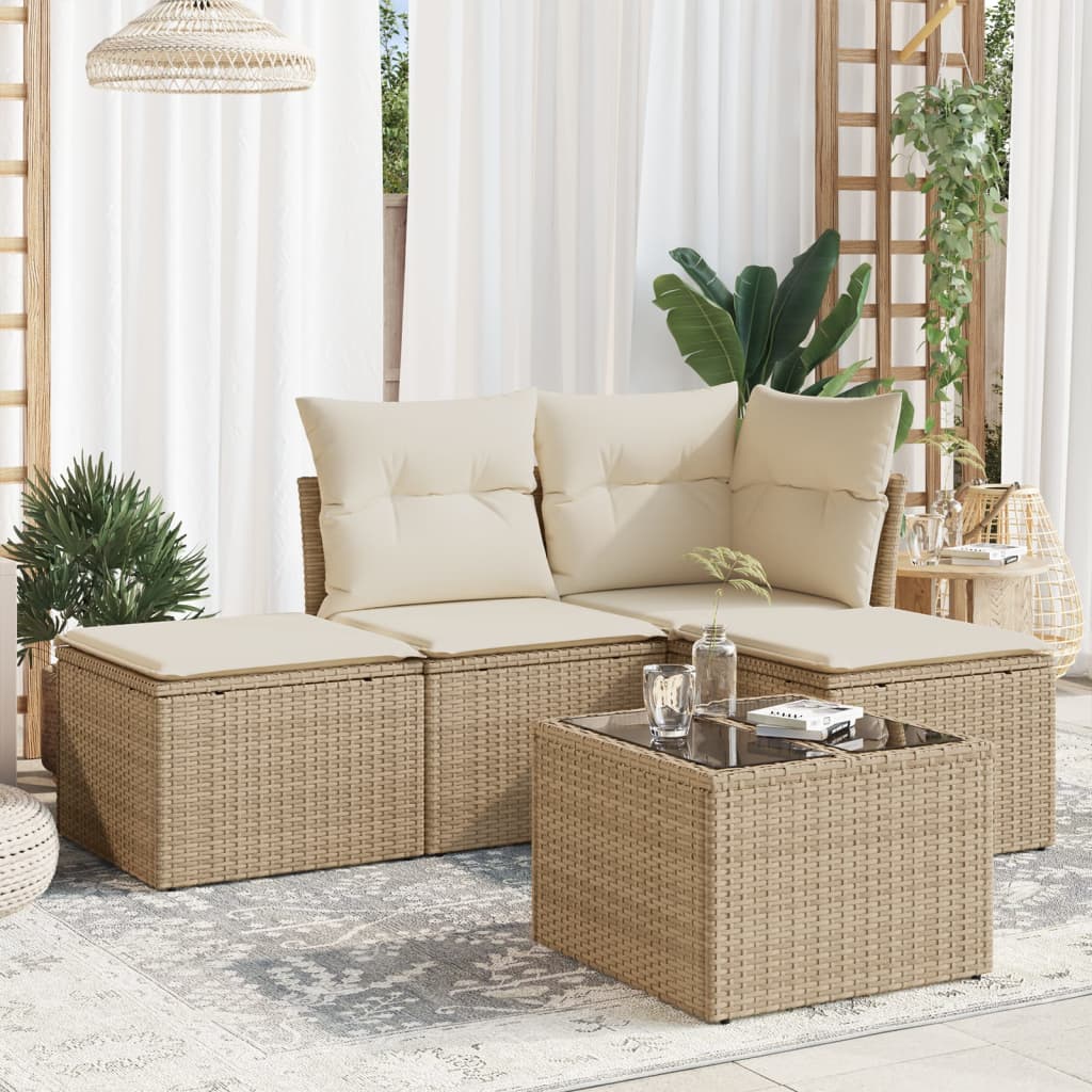 vidaXL 5-tlg. Garten-Sofagarnitur mit Kissen Beige Poly Rattan