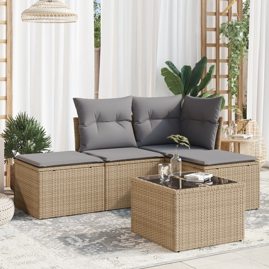 vidaXL 5-tlg. Garten-Sofagarnitur mit Kissen Beige Poly Rattan