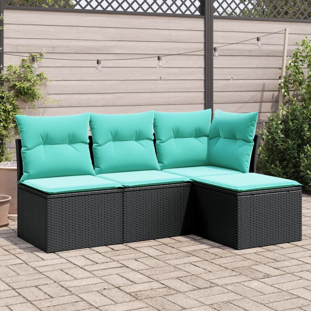 vidaXL 4-tlg. Garten-Sofagarnitur mit Kissen Schwarz Poly Rattan