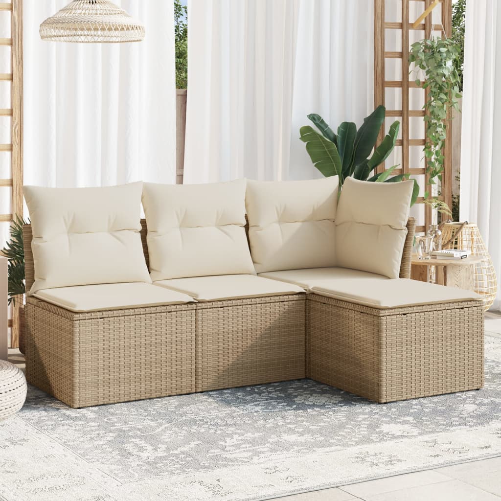 vidaXL 4-tlg. Garten-Sofagarnitur mit Kissen Beige Poly Rattan