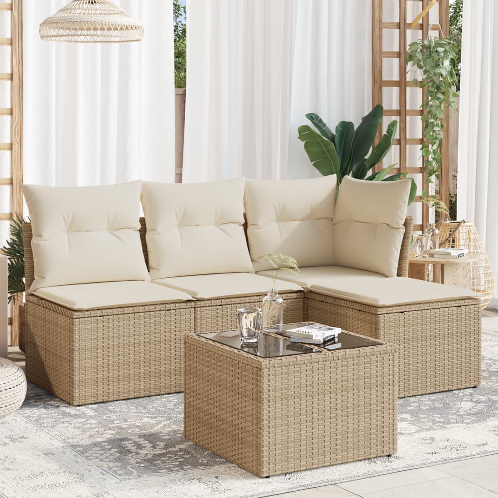 vidaXL 5-tlg. Garten-Sofagarnitur mit Kissen Beige Poly Rattan