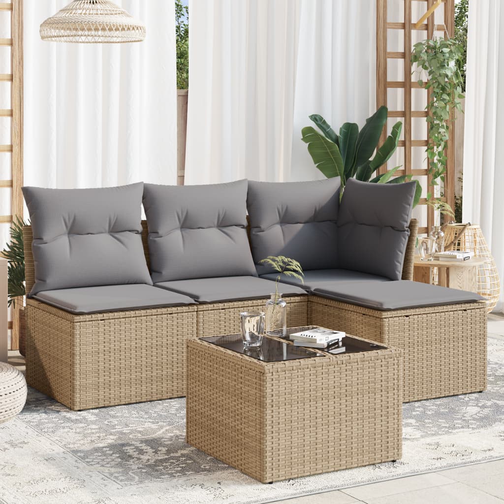 vidaXL 5-tlg. Garten-Sofagarnitur mit Kissen Beige Poly Rattan