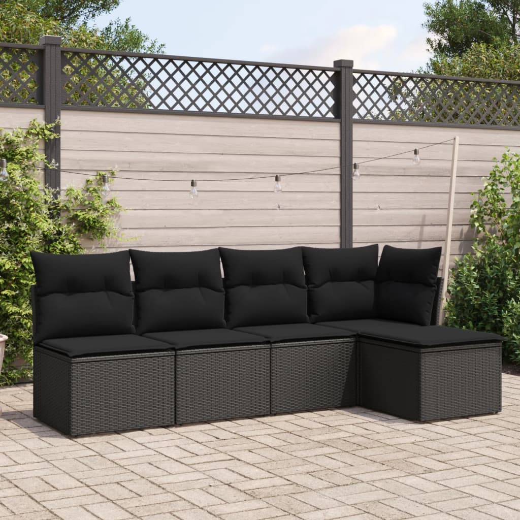 vidaXL 5-tlg. Garten-Sofagarnitur mit Kissen Schwarz Poly Rattan