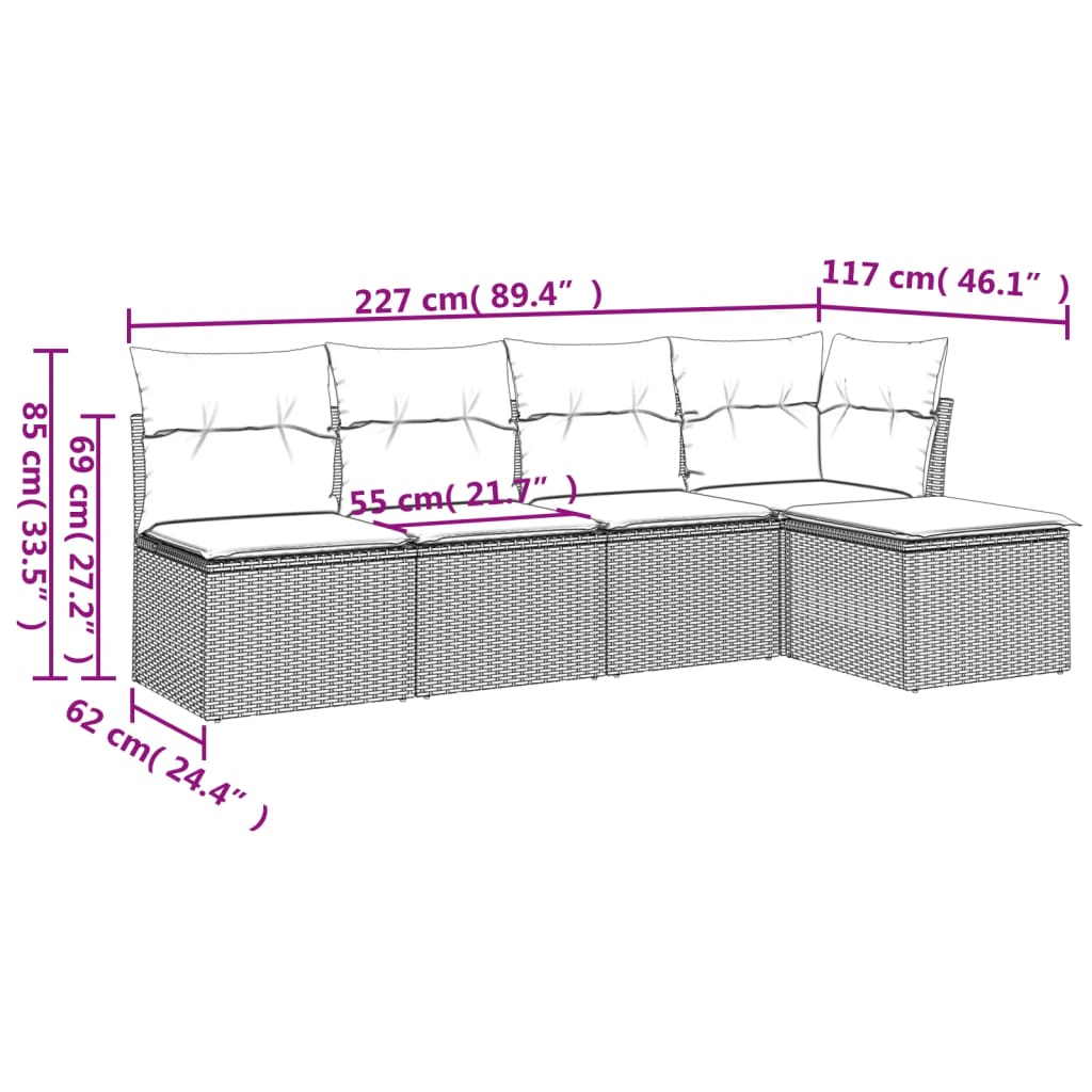 vidaXL 5-delige Loungeset met kussens poly rattan zwart afbeelding