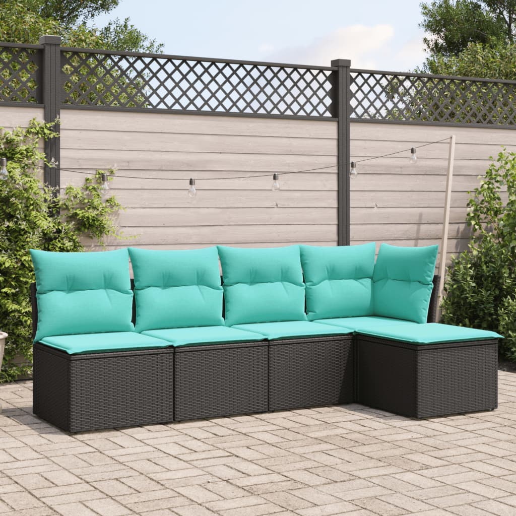 vidaXL 5-tlg. Garten-Sofagarnitur mit Kissen Schwarz Poly Rattan