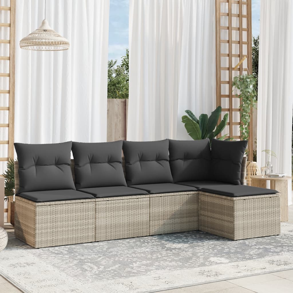 vidaXL 5-tlg. Garten-Sofagarnitur mit Kissen Hellgrau Poly Rattan