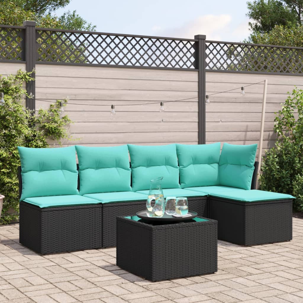 vidaXL 6-tlg. Garten-Sofagarnitur mit Kissen Schwarz Poly Rattan