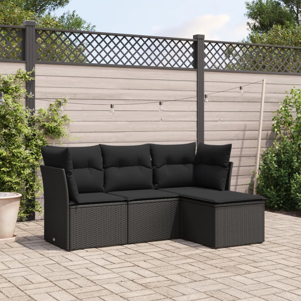 vidaXL 4-tlg. Garten-Sofagarnitur mit Kissen Schwarz Poly Rattan