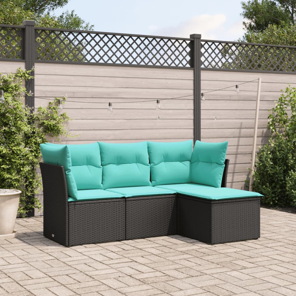 vidaXL 4-tlg. Garten-Sofagarnitur mit Kissen Schwarz Poly Rattan