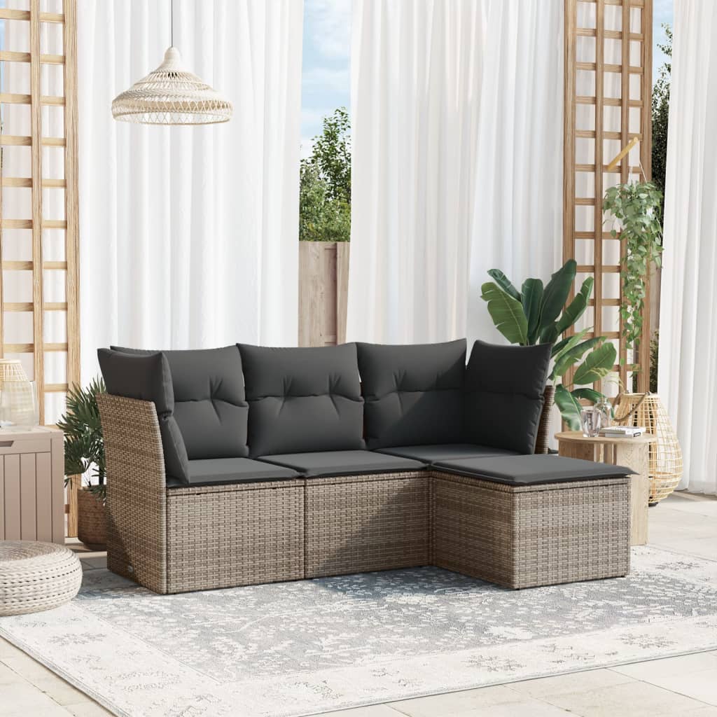 vidaXL 4-tlg. Garten-Sofagarnitur mit Kissen Grau Poly Rattan