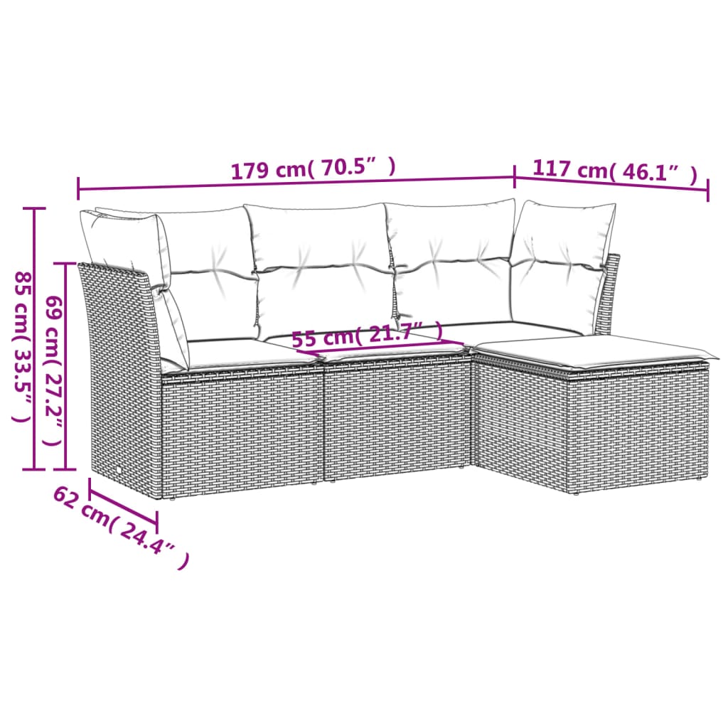 vidaXL 4-delige Loungeset met kussens poly rattan lichtgrijs afbeelding