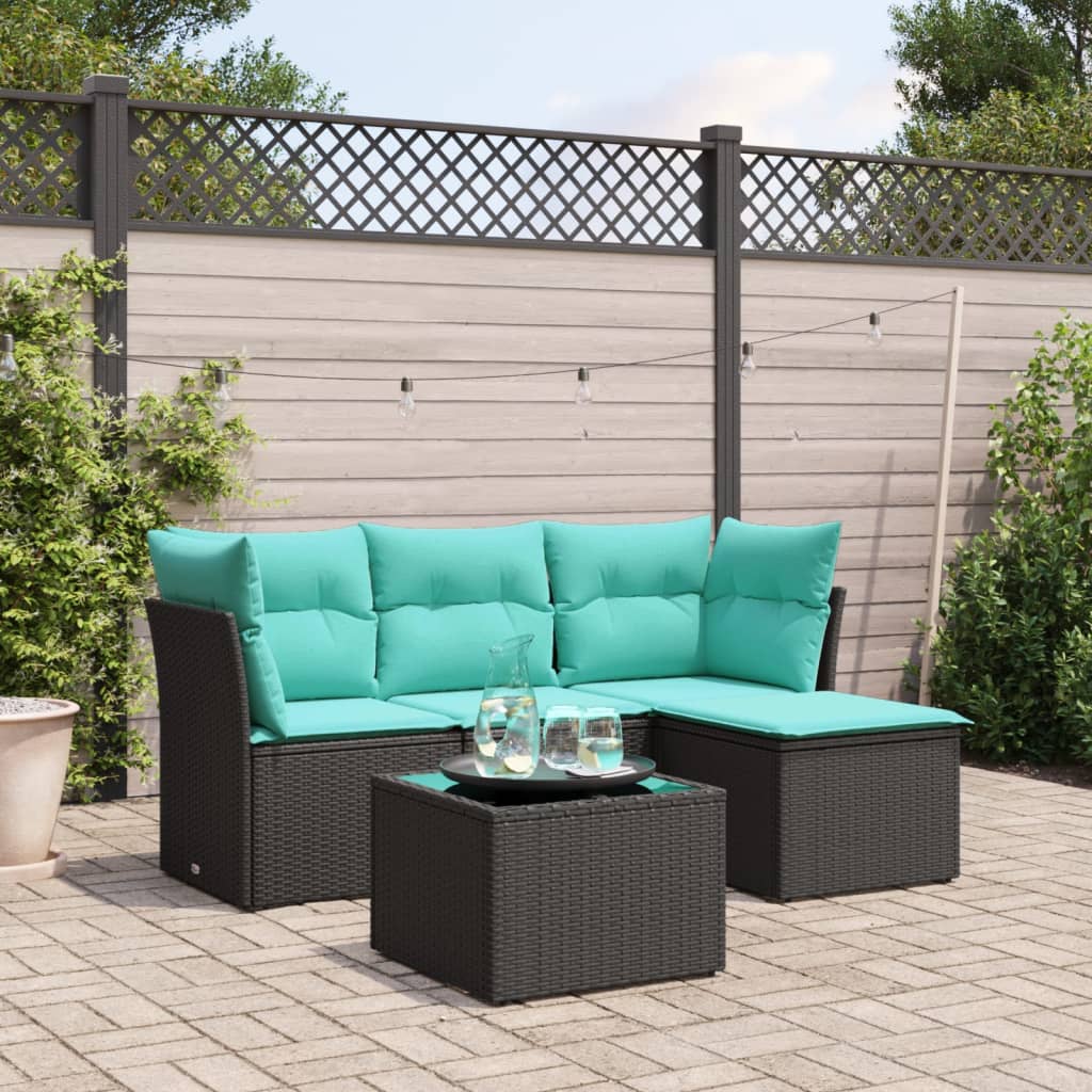 vidaXL 5-tlg. Garten-Sofagarnitur mit Kissen Schwarz Poly Rattan