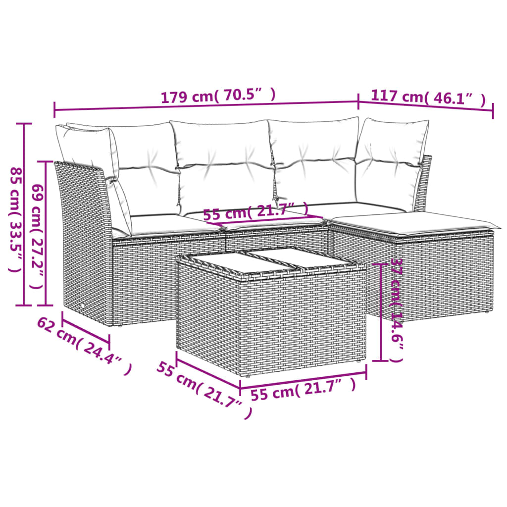 vidaXL 5-delige Loungeset met kussens poly rattan bruin