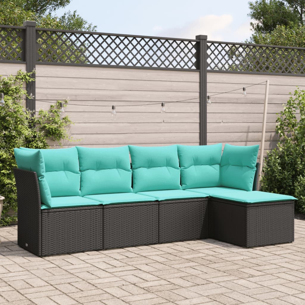 vidaXL 5-tlg. Garten-Sofagarnitur mit Kissen Schwarz Poly Rattan